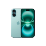 Apple iPhone 16 in Teal color shown from the back, highlighting the dual-camera system and glass finish.