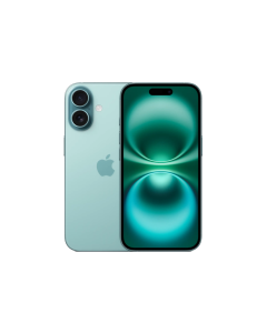 Apple iPhone 16 in Teal color shown from the back, highlighting the dual-camera system and glass finish.